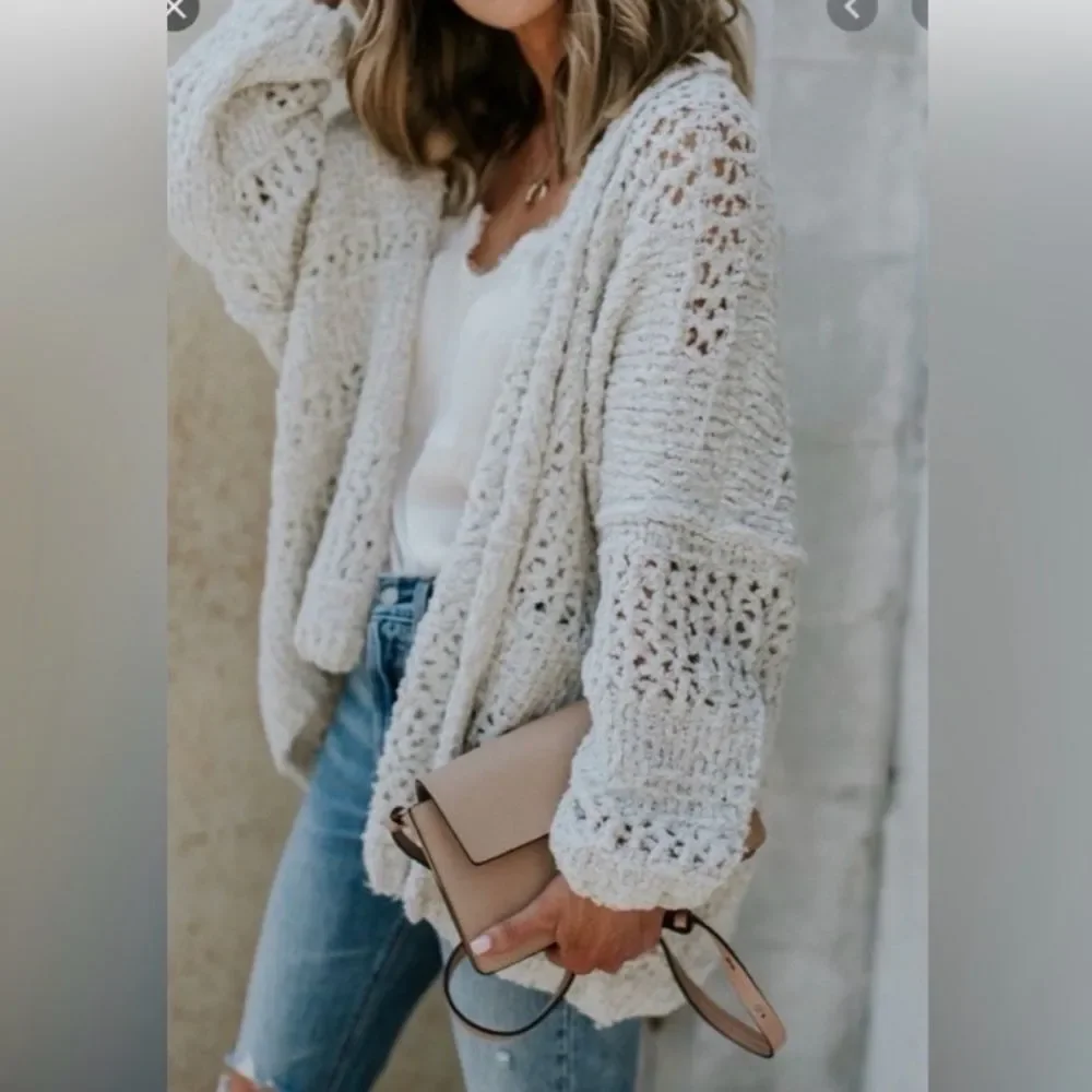 Free People Saturday Morning Cardi in Evening Cream Open-Knit Cardigan Sweater